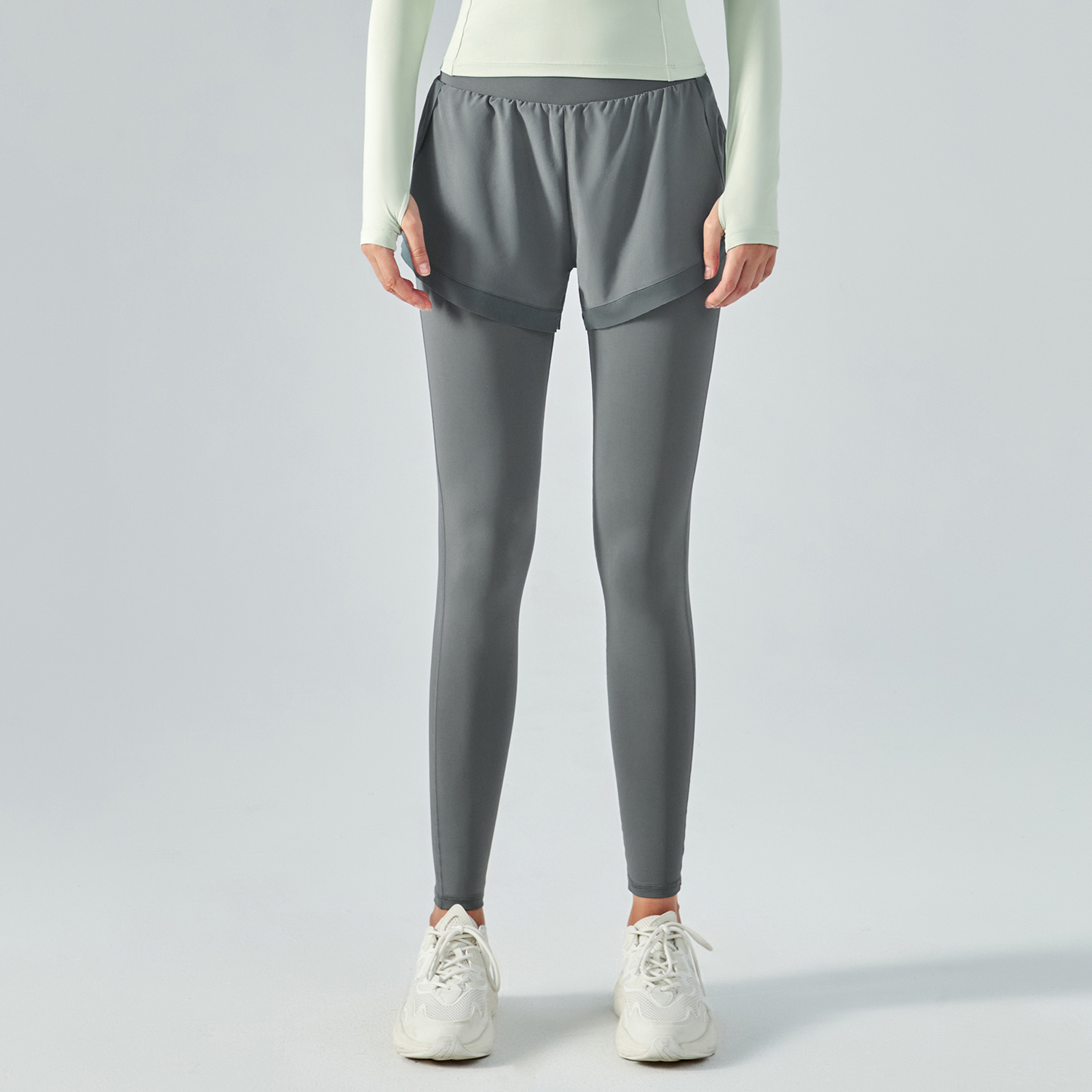 Hergymclothing Haze Blue widened waist tummy control buttery soft sweat wicking running gym leggings shorts with pockets for sale