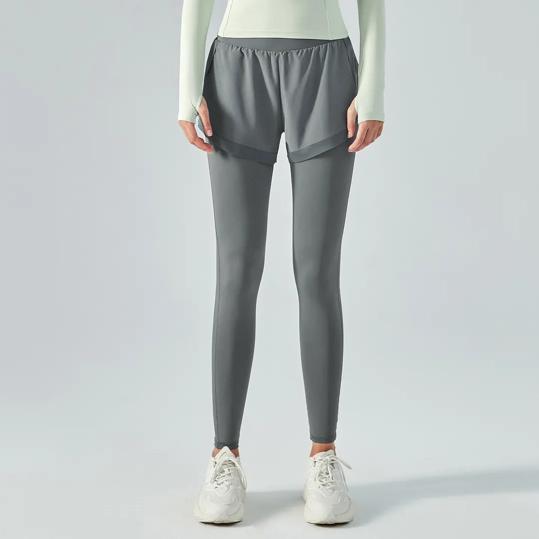 Hergymclothing Haze Blue widened waist tummy control buttery soft sweat wicking running gym leggings shorts with pockets for sale