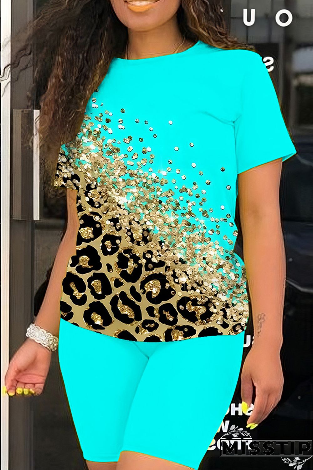 Multicolor Casual Print Basic O Neck Short Sleeve Two Pieces