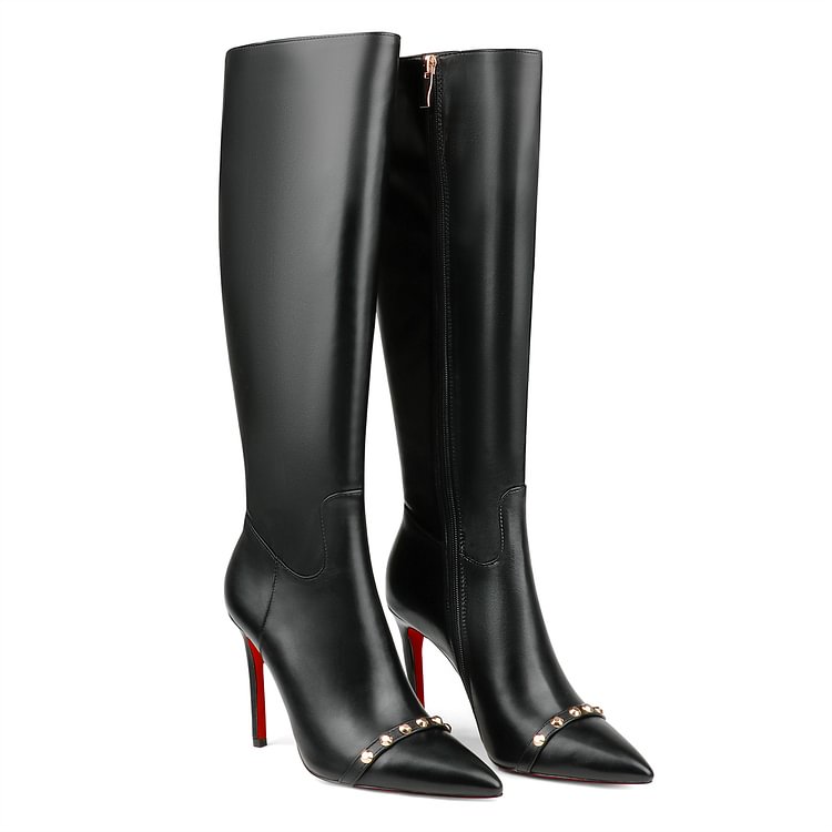 100mm Fashion Zipper Red Bottoms High Heels Toe Rivets Knee Boots