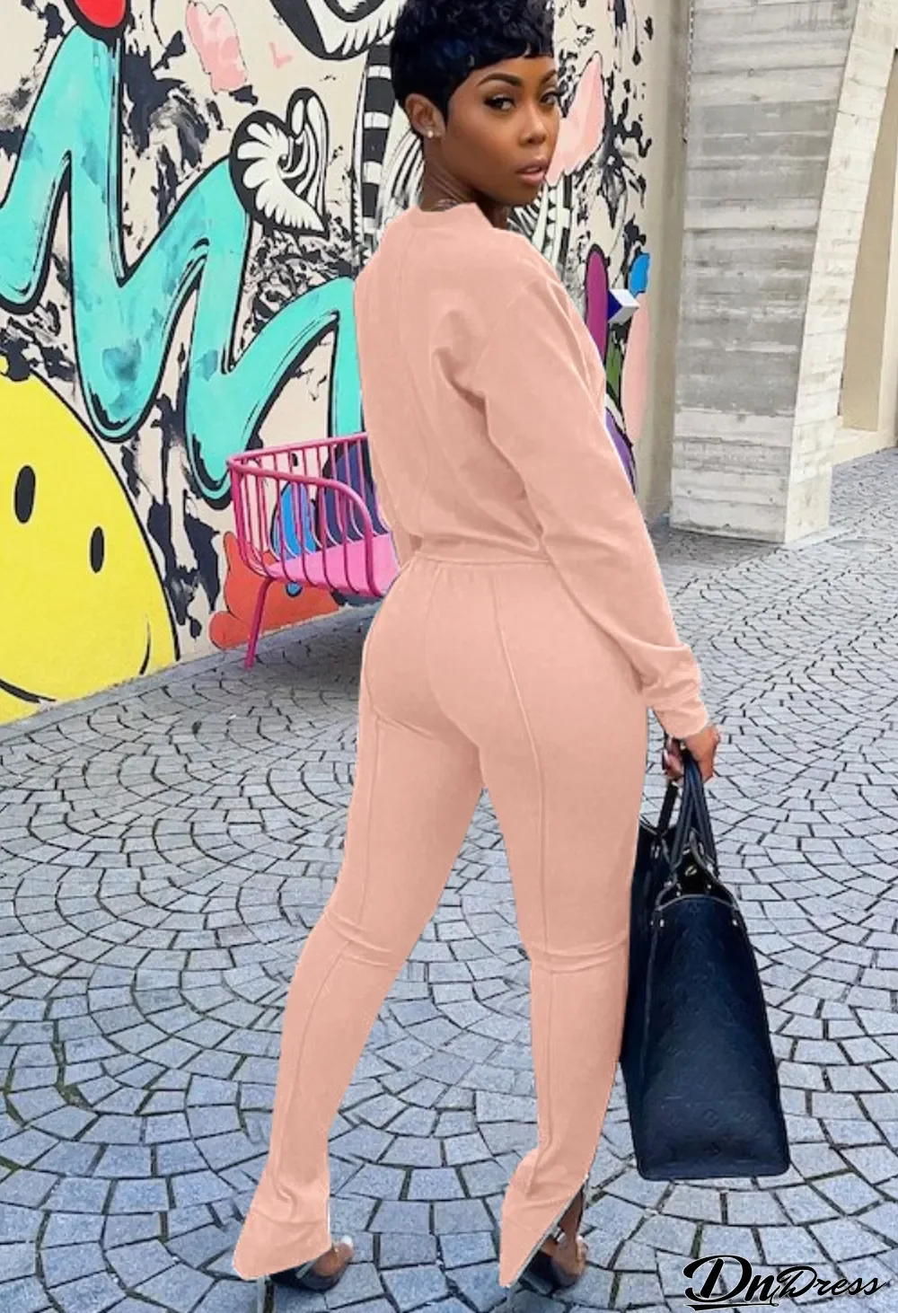 Winter Pink Casual Zippers Long Sleeve Shirt and Pants Two Piece Set