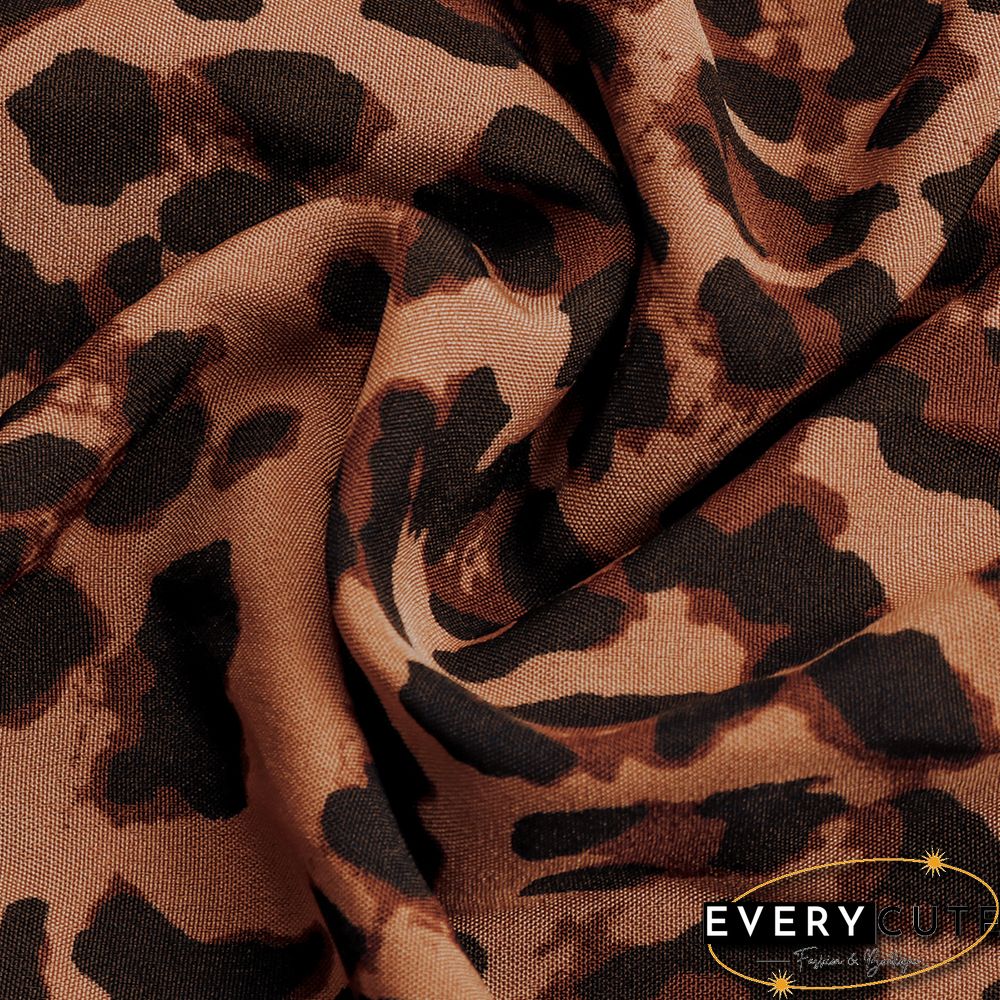 Khaki Leopard Print Tie Waist Flared Long Sleeve Dress