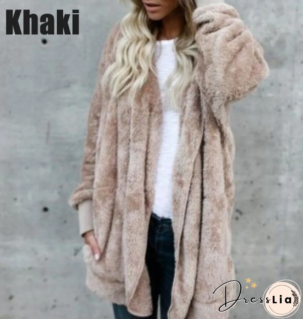 New Women’s Fashion Winter Warm Outwear Solid Color Long Sleeve Sweaters Hoodies Coats Loose Plush Cardigan Coat