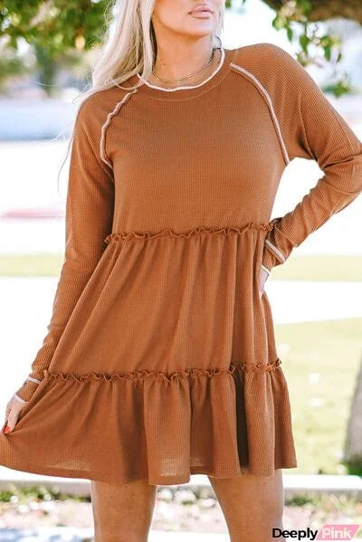 Waffle-Knit Frill Mini Tiered Dress