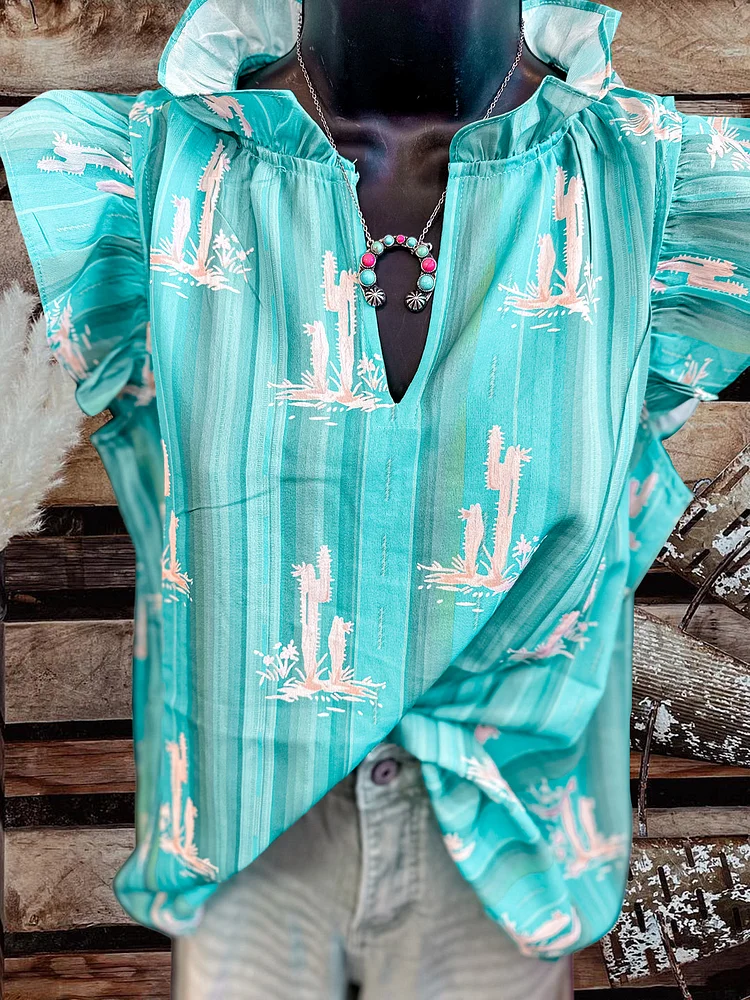 Vintage Cactus Print Pleated Tank Top-0520