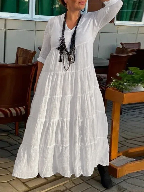 Plus Size Long Sleeve V-neck Solid Color Loose Maxi Dress