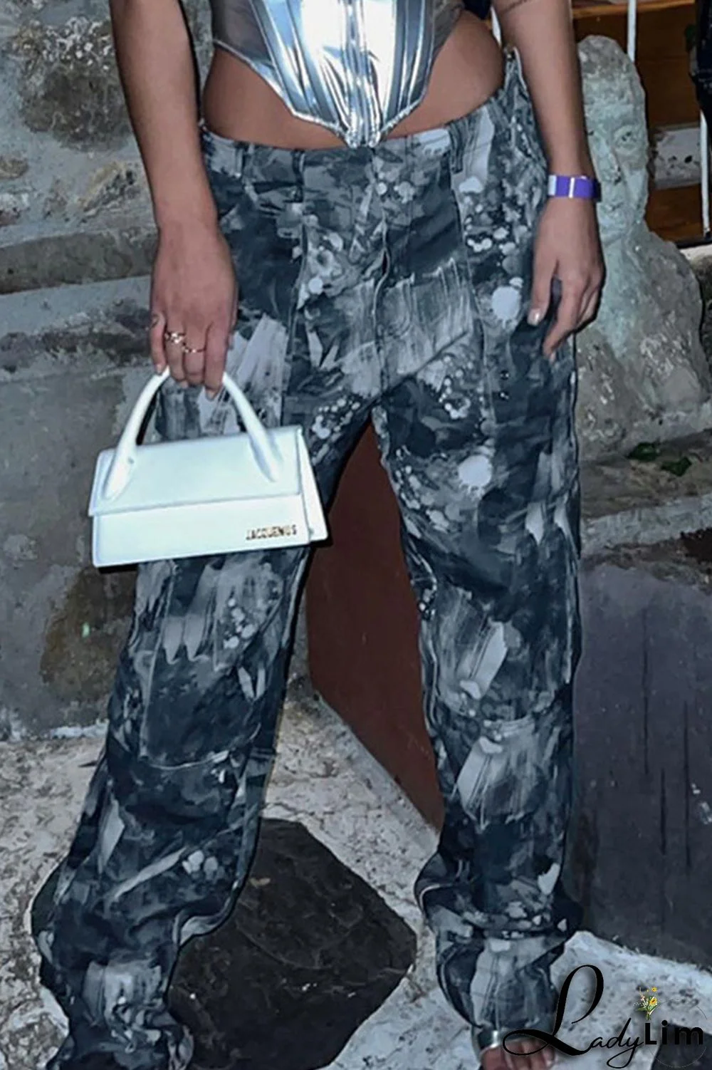 Army Green Street Print Bandage Patchwork Straight Straight Full Print Bottoms