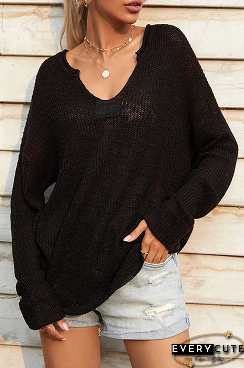 Casual Solid Split Joint Slit V Neck Tops Sweater(4 Colors)