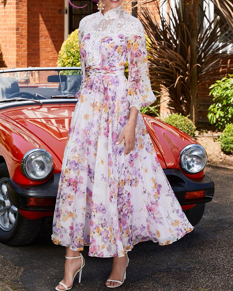 floral print paneled lace dress
