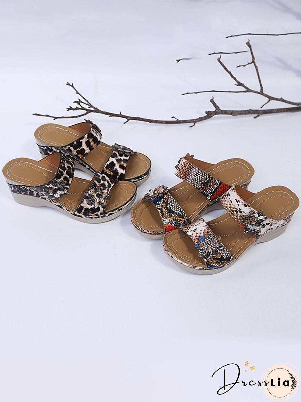 3D Floral Snake Print Wedge Sandals Slippers