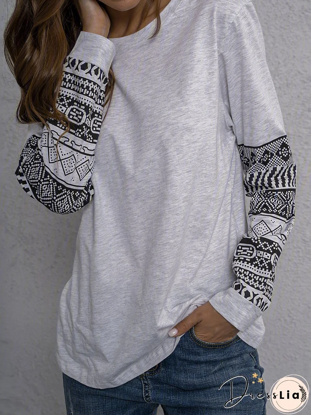 Plus Size Casual Long Sleeve Tribal Tops