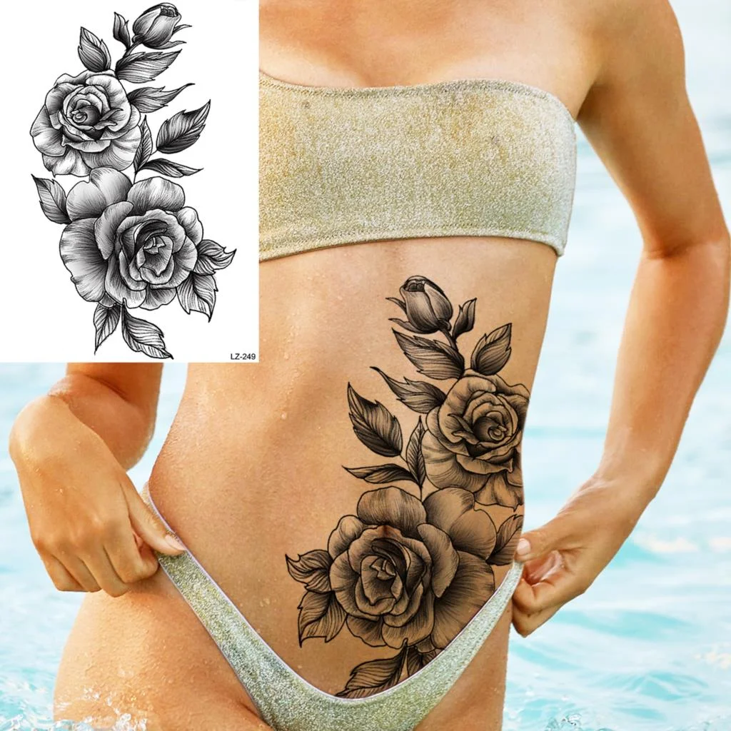 Sdrawing Rose Flower Moon Temporary Tattoos For Women Adult Pendant Peony Lotus Fake Tattoo Calf Thigh Body Art Waterproof Tatoos