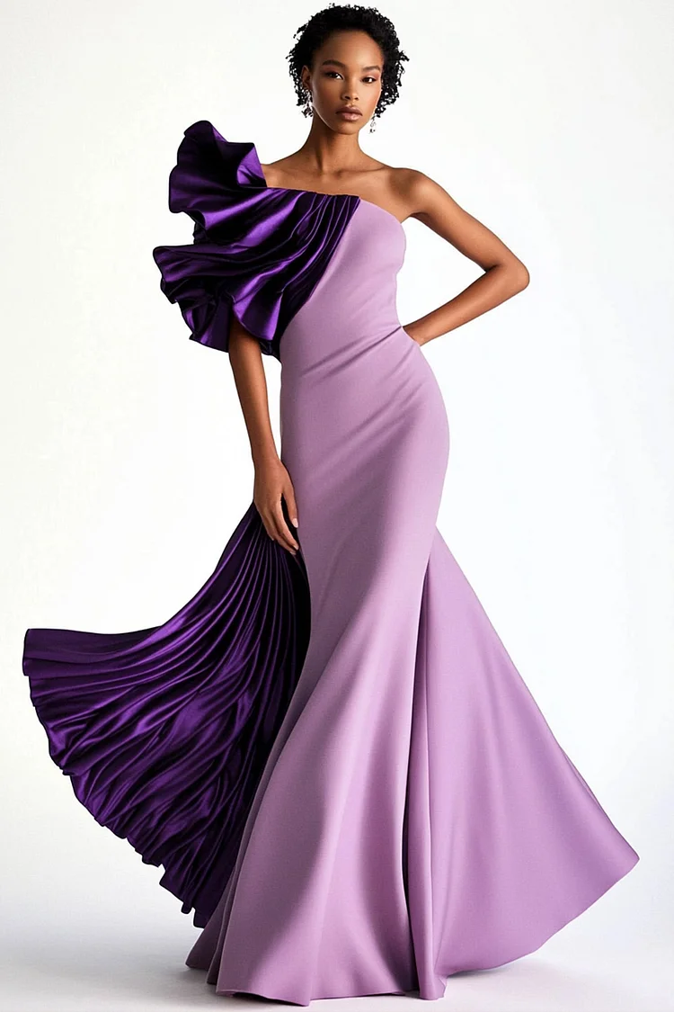 Pleated Layered Patchwork Strapless Maxi Dress-Purple [Custom-Made]