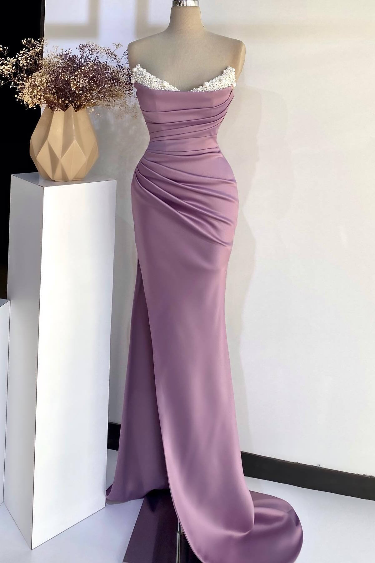 Lisliy Purple Sleeveless Strapless V-Neck Mermaid Beadeds Long Prom Dress