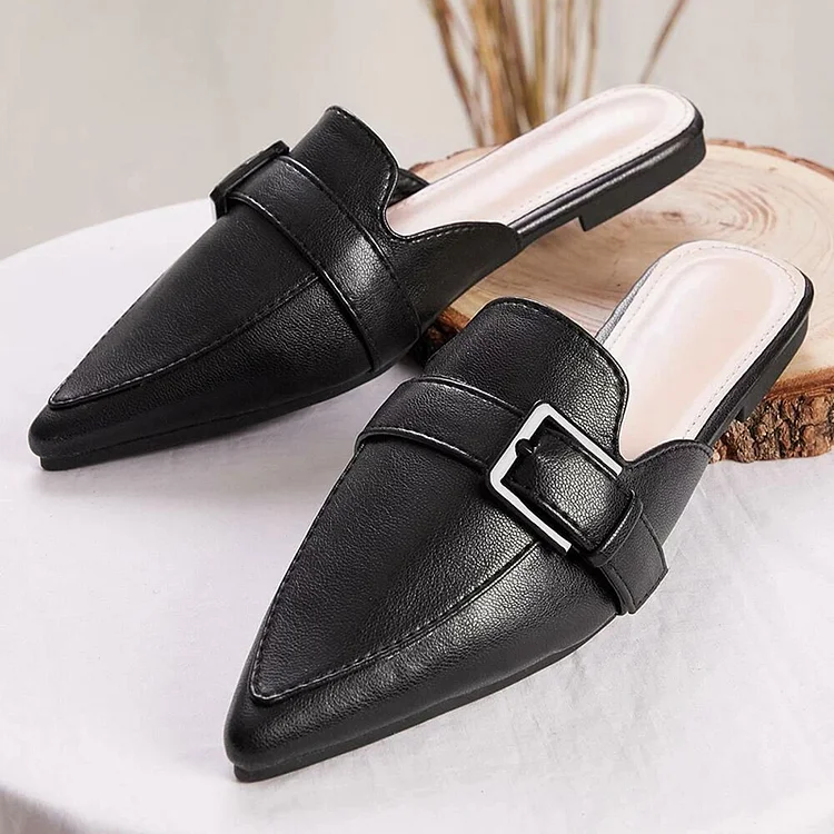 Black Pointed Toe Flats Buckle Mule Loafers for Women |FSJ Shoes