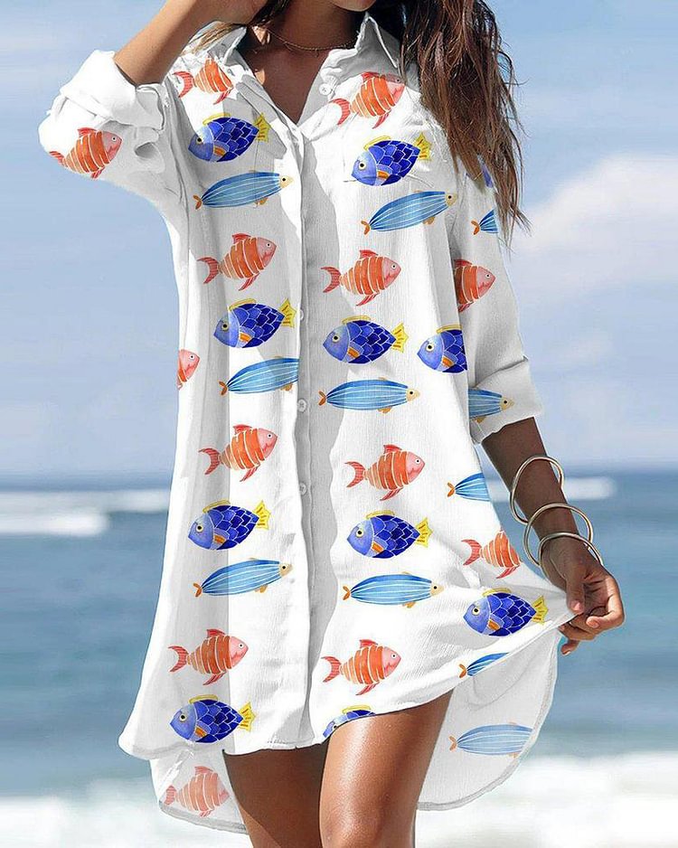 Aquatic Fish 3/4 Sleeve Button Front Mini Dress