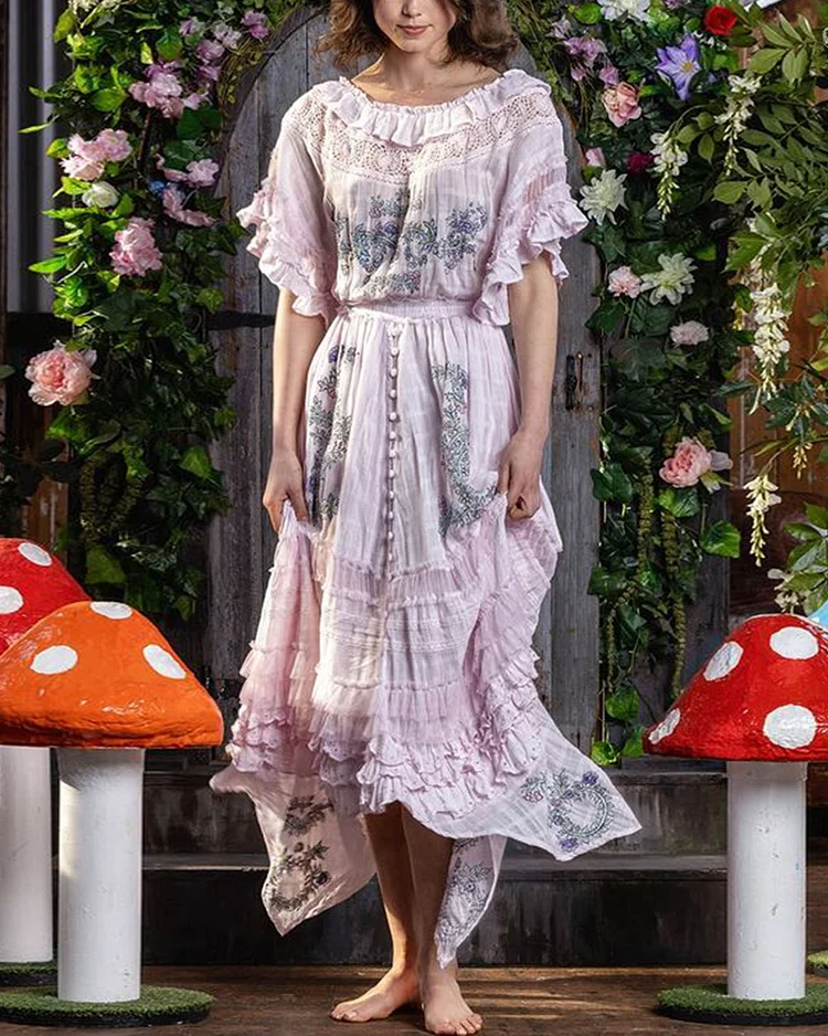 Embroidered Lace Ruffle Dress