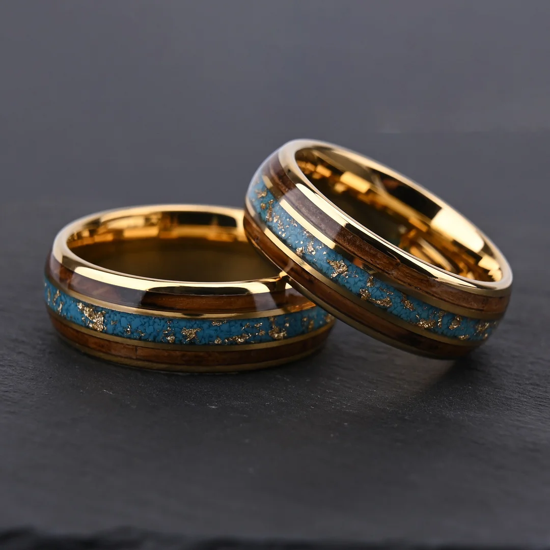 8MM Gold Tungsten Carbide Rings Barrel Wood and Turquoise Pieces Tungsten Wedding Bands