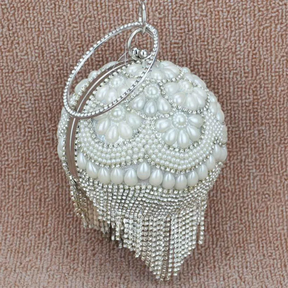 Bowling Design Pearl Clutch Bag circular ring Wristlets Bag Women Party Evening Bag Crystal tassels Ball Female wallet XQ-15