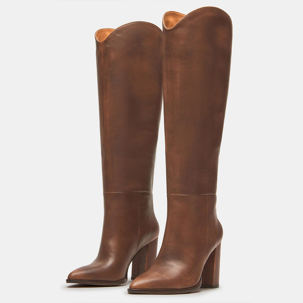 Brown Pointed Toe Chunky High Heel Wide Calf Long Boots for Women Nicepairs