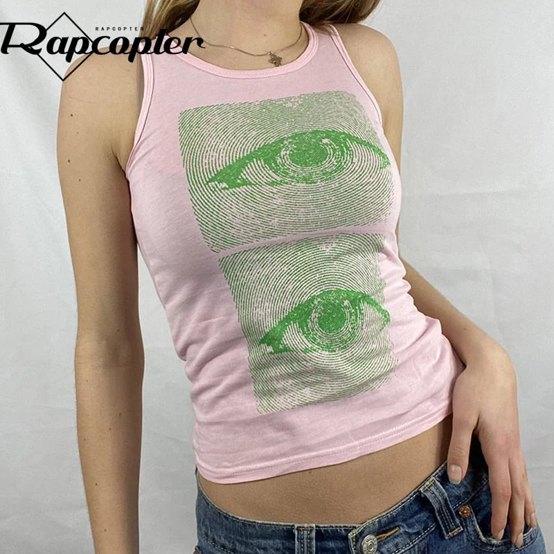 Rapcopter Eyes Printed y2k Tank Tops Harajuku Corset Tops Vintage Fashion Streetwear Sleeveless Crop Top Women Casual Sweat Vest