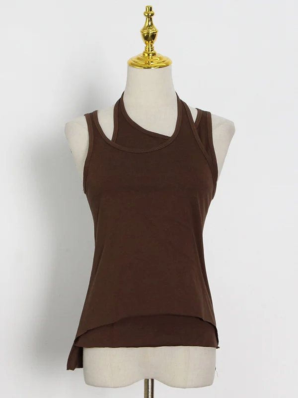 False Two Solid Color Sleeveless Vest Tops