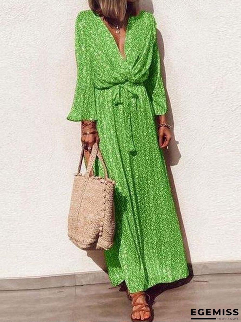 Classy Green Print V-Neck Long Sleeve Maxi Dress | EGEMISS