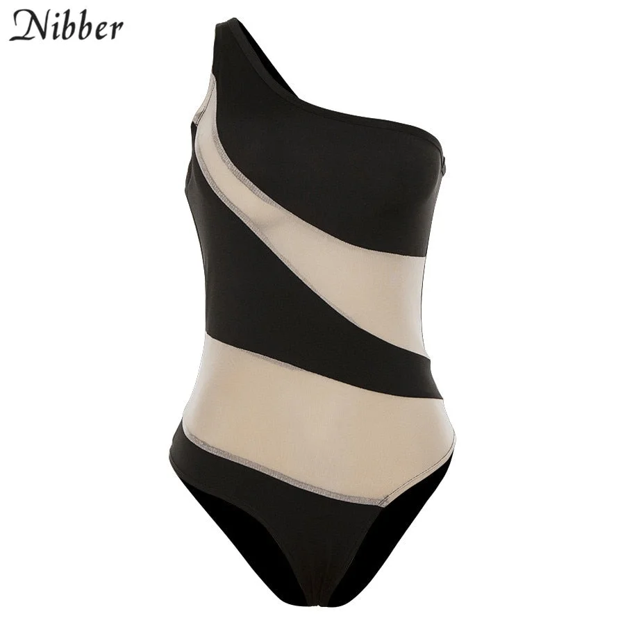 Nibber sexy Mesh patchwork beach leisure vacation bodysuits womens2019summer fashion party off shoulder Slim Soft bodysuit mujer