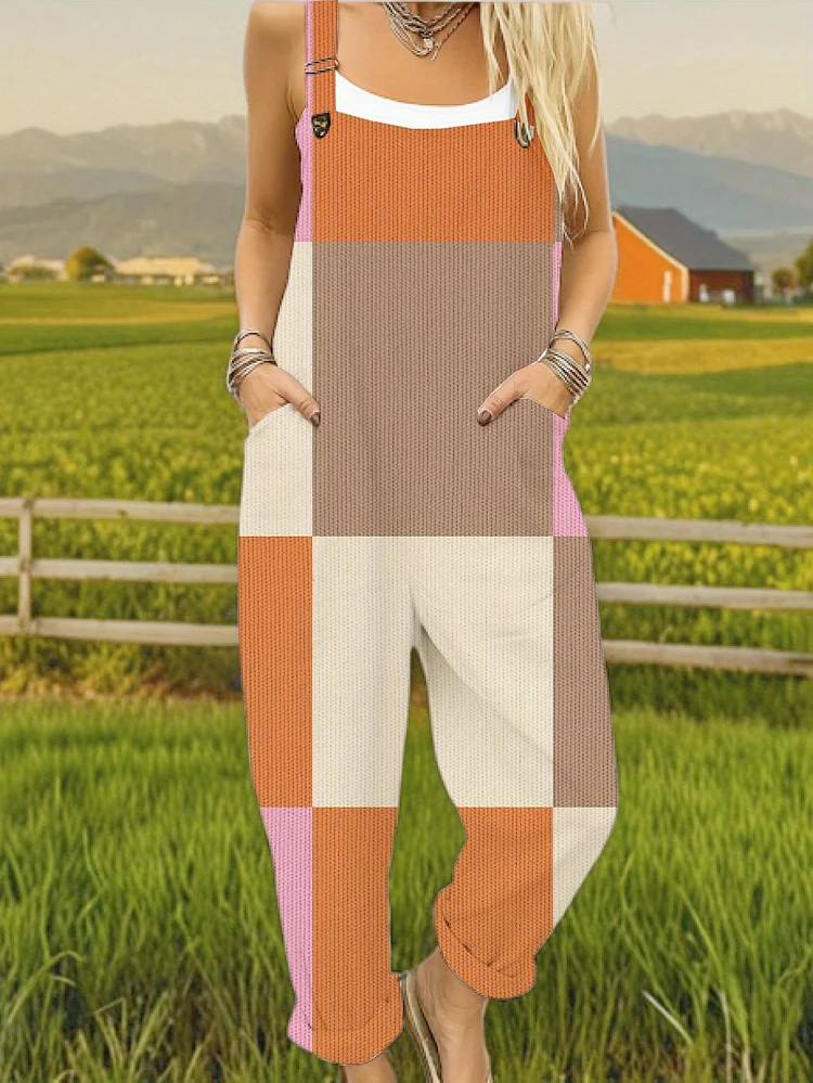 Women's Adjustable Strap Romper - Sleeveless Overall Jumpsuit With Side Pockets, Brown/Beige/, Machine Washable For Farmhouse, Beach, Party Outfits - All-Season Casual One-Piece Outfit, Farmhouse Style Clothing, Playful Patterned Jumpsuit