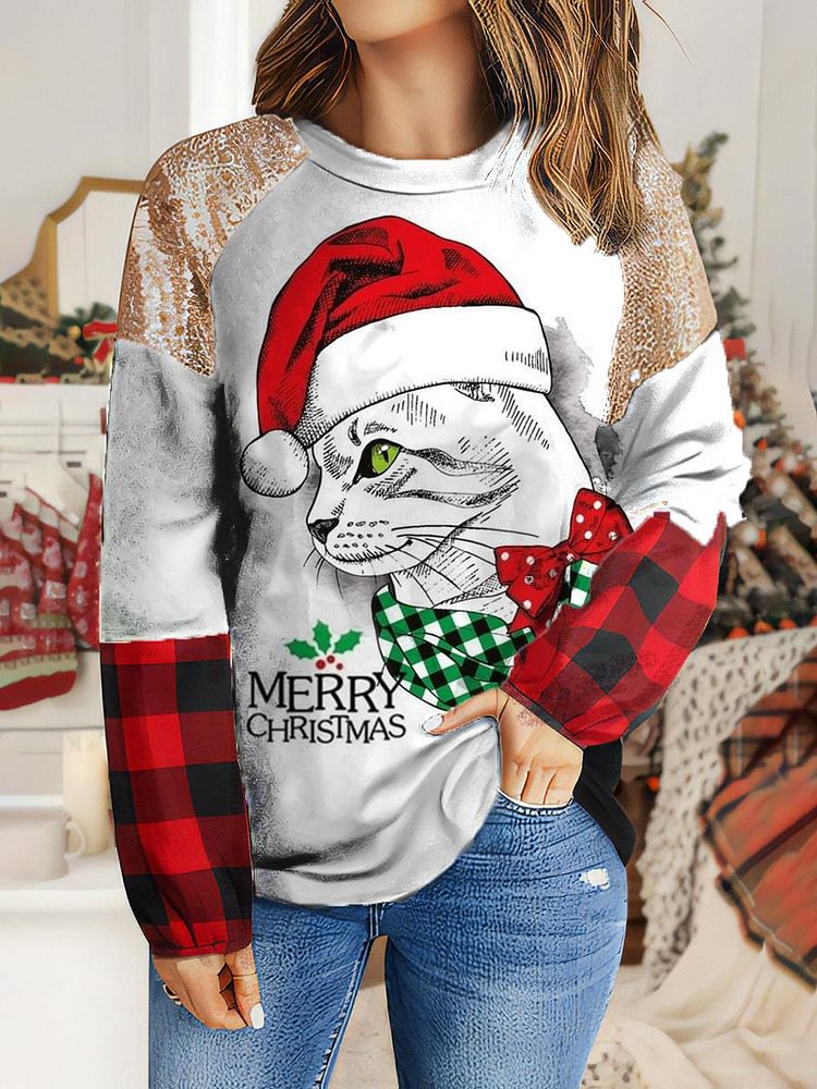 Merry Christmas Cat Printed Round Neck Sweatshirt