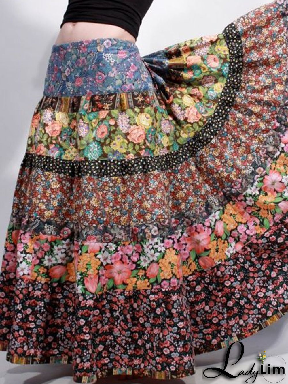 Bohemian Floral Patchwork Big Swing Maxi Tiered Skirt