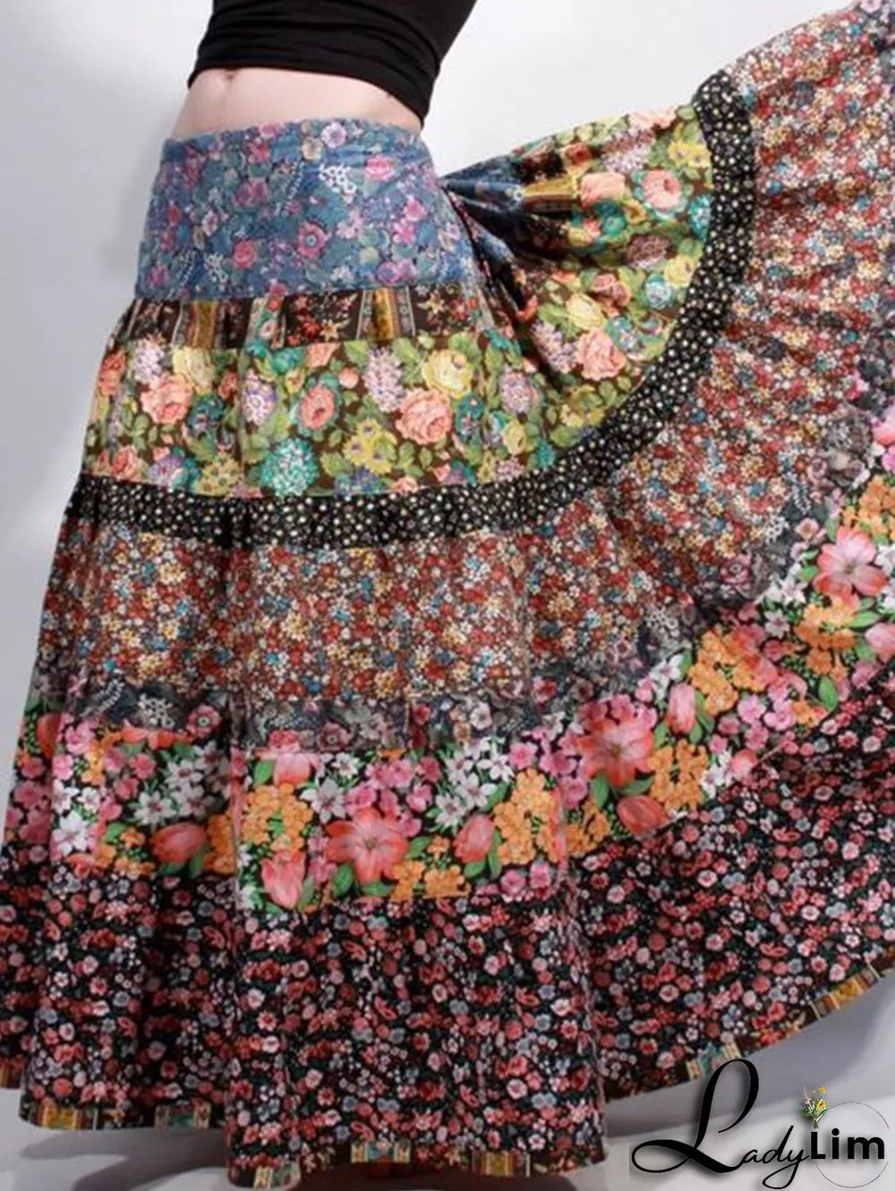 Bohemian Floral Patchwork Big Swing Maxi Tiered Skirt