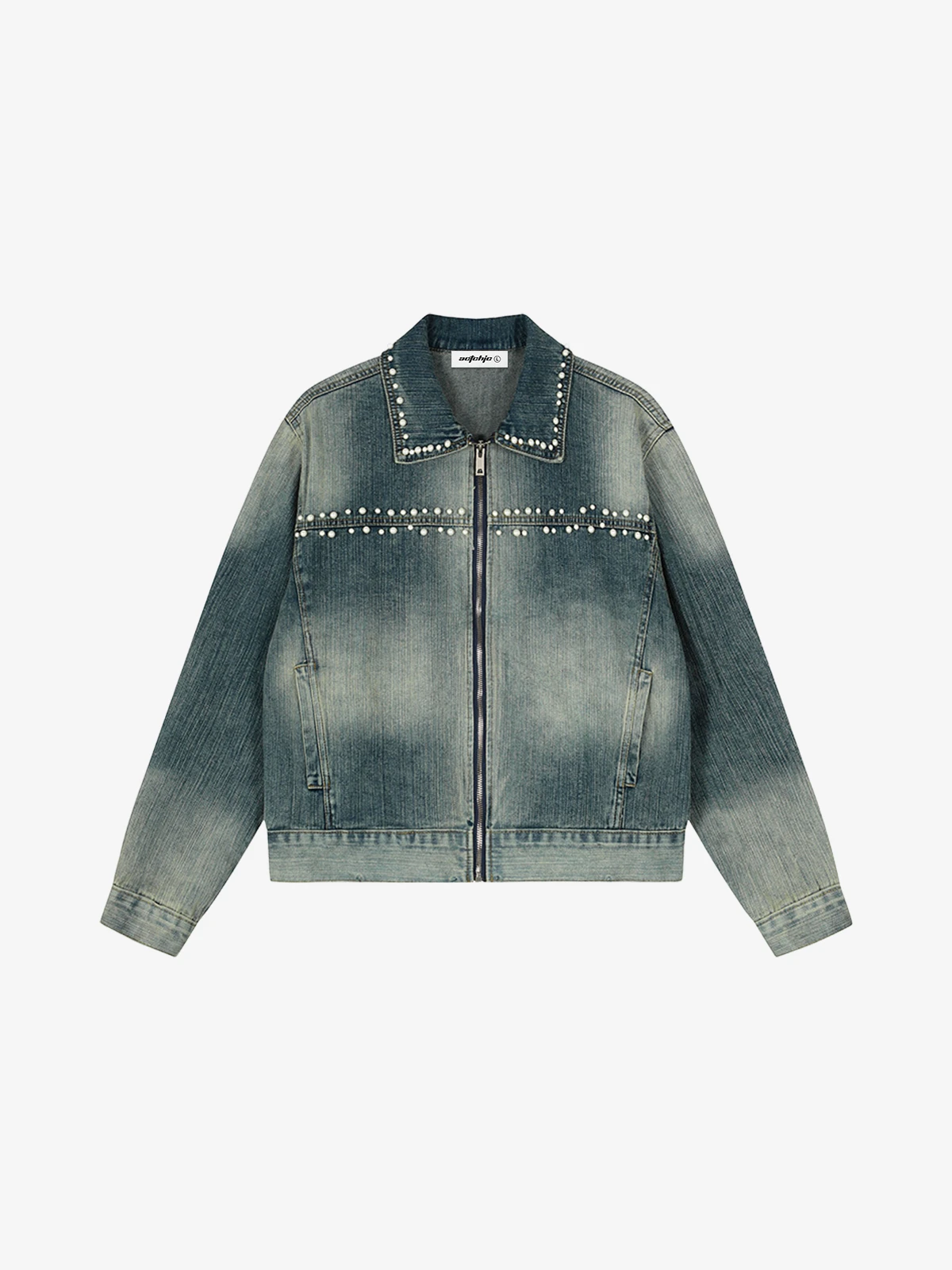 Blue Actchic Beaded Washed Cropped Denim Jacket Front