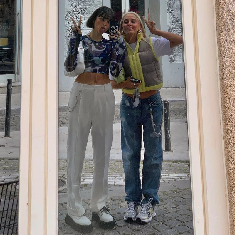 Uveng Spring New Round Collar Cover Print Open-Umbil Umbilical Cover Finger Long-Sleeved Casual Women's Top Sales