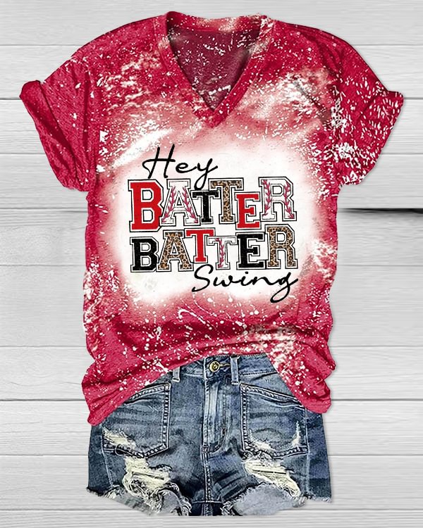 Hey Batter Batter Swing Baseball Print V Neck T-shirt