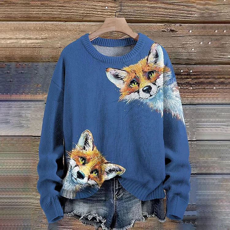Comstylish Cute Fox Art Pattern Print Casual Knit Pullover Sweater