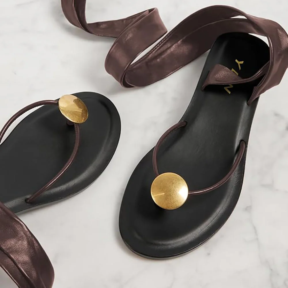 Brown Open Round Toe Hardware Block Heel Wrap Strap Flip Flops Women 