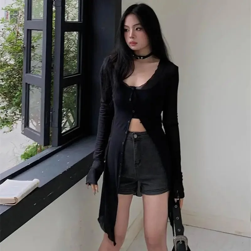 Tlbang Y2k Aesthetic Solid Cardigans Grunge Sexy Single Breasted Streetwear Tops Harajuku Knitted Autumn All Macth Fairy Long Coat