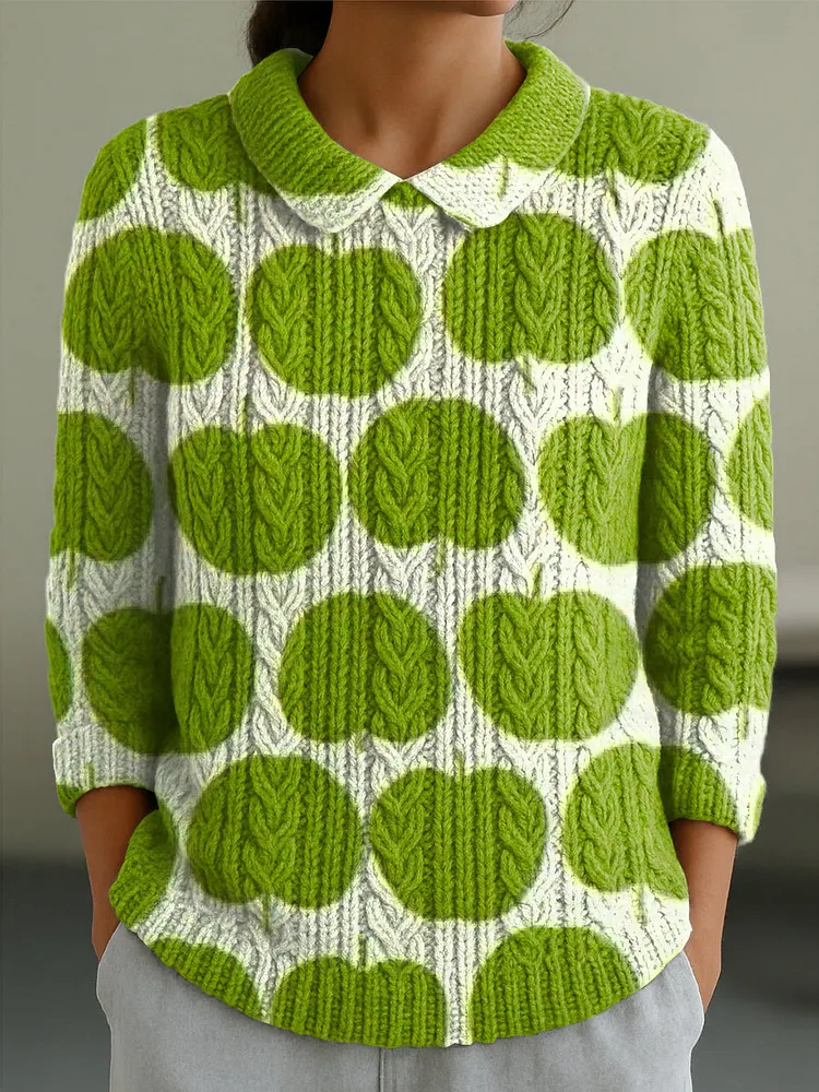 Women's Cute Green Apple Painting Art Print Casual Peter Pan Collar 3/4 Sleeve Sweater