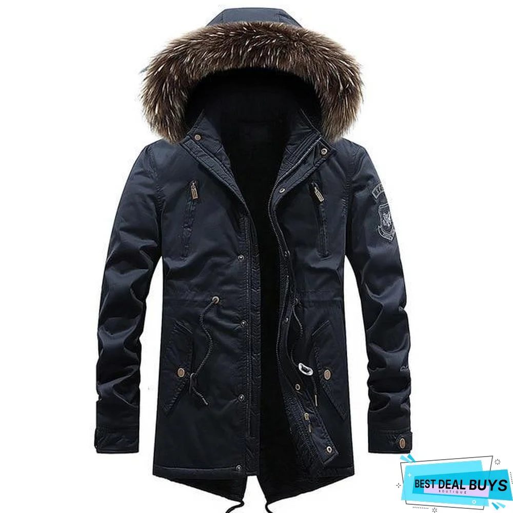 Men Long Casual Thick Warm Fleece Jacket Parkas Men Outfit Fashion Fur Collar Hooded 100% Cotton Coat Parkas