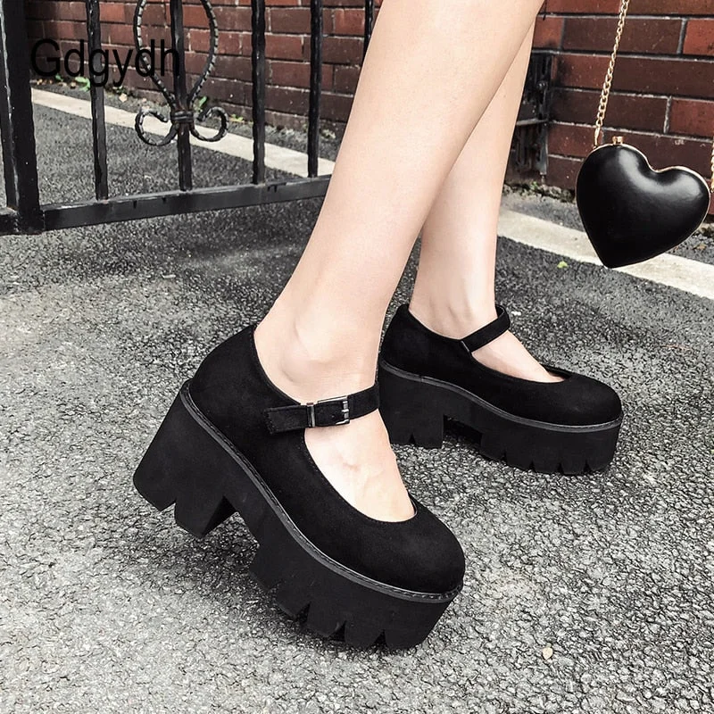 Gdgydh Women Pumps High Heel Platform Mary Jane Shoes Spring Fall Buckle Soft Leather Flock Comfort Student Shoes For Girls
