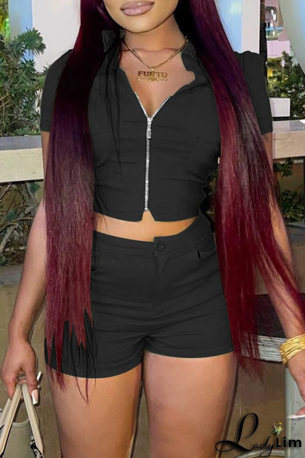 Khaki Fashion Casual Solid Basic Zipper Collar Short Sleeve Two Pieces