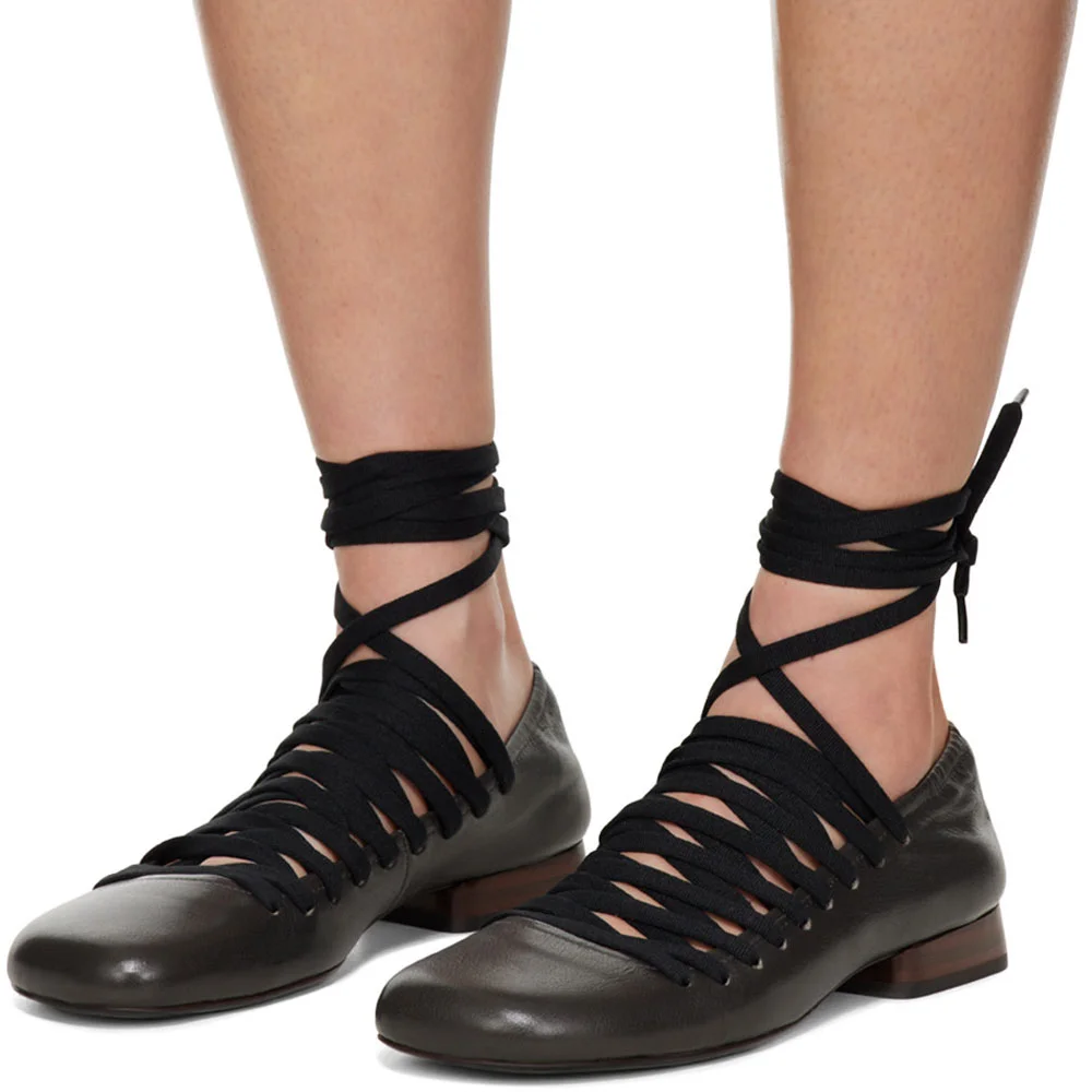 YDN Black Vegan Leather Square Toe Lace-Up Flat Shoes for Women