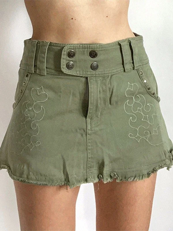 Embroidered Green Cargo Denim Mini Skirt