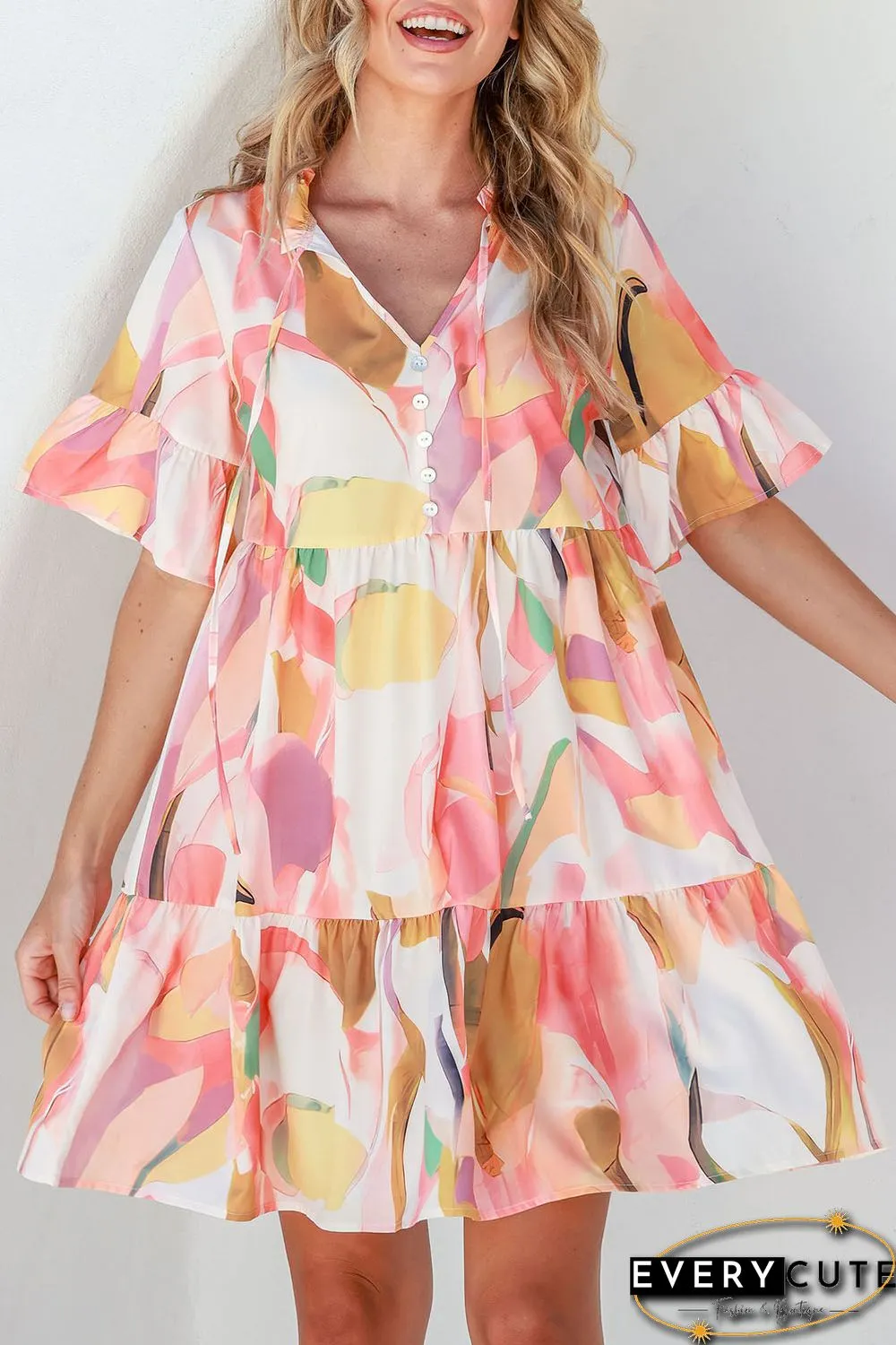 Pink Geometric Print Ruffled Short Sleeve Tied V-Neck Mini Dress