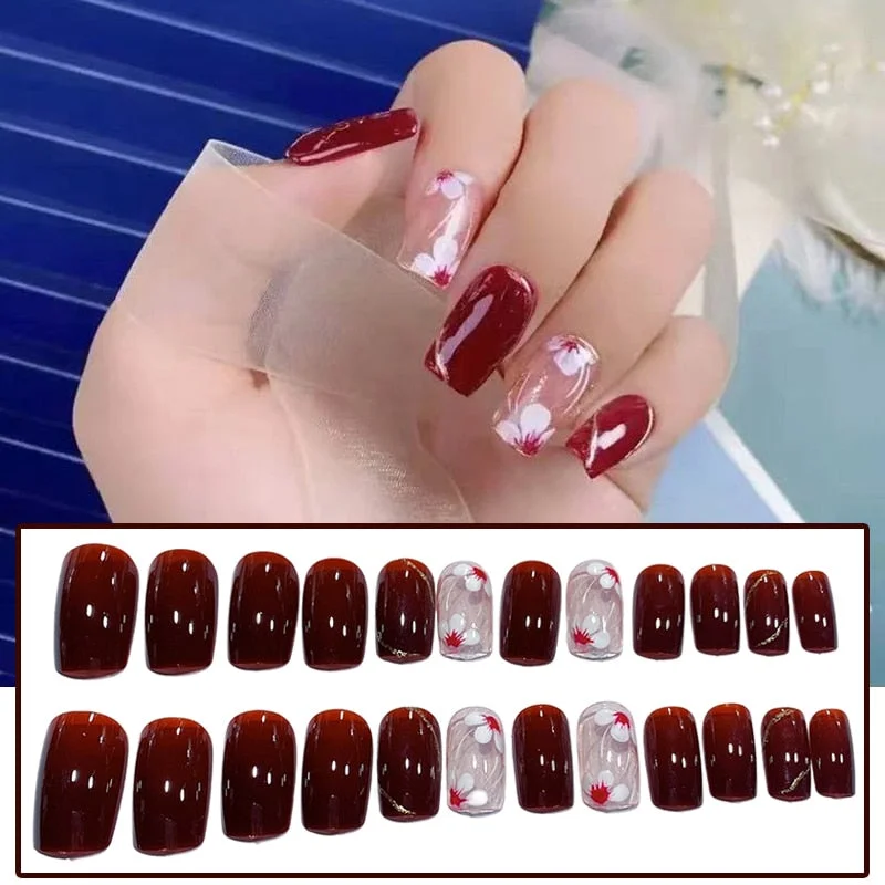 24Pcs/box Full Cover Short round press on nails Pink Dripping Shape Heart Bride nail tips Wearable Fake Nail with Glue for girls-Nail Inspo