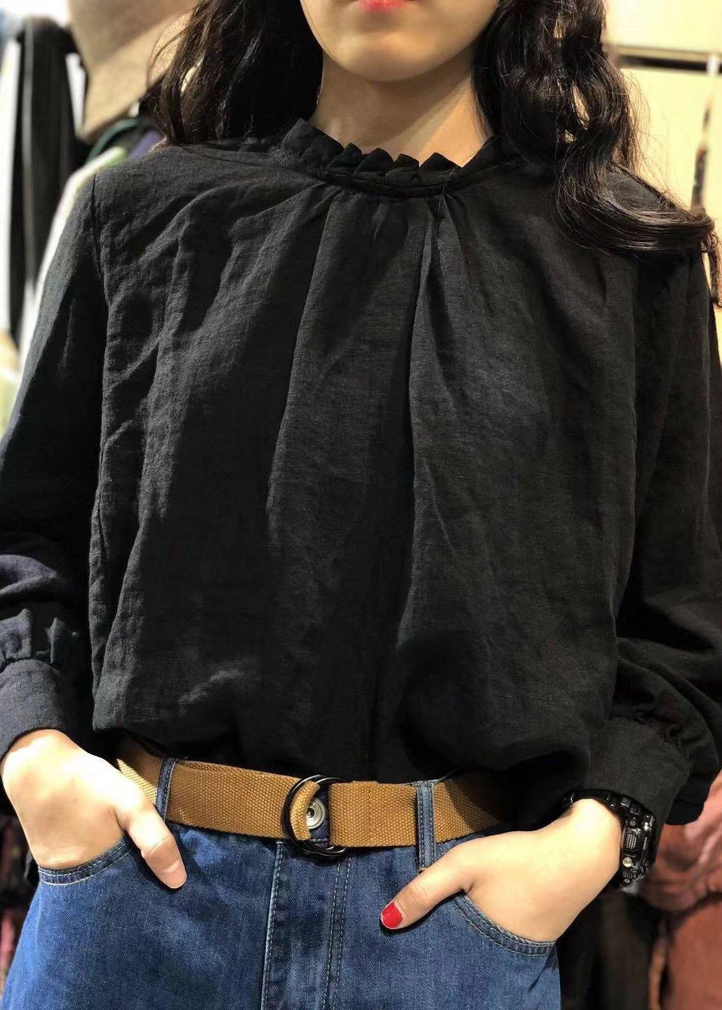 VCSHOES black linen tunics for women stand collar cotton fall blouse