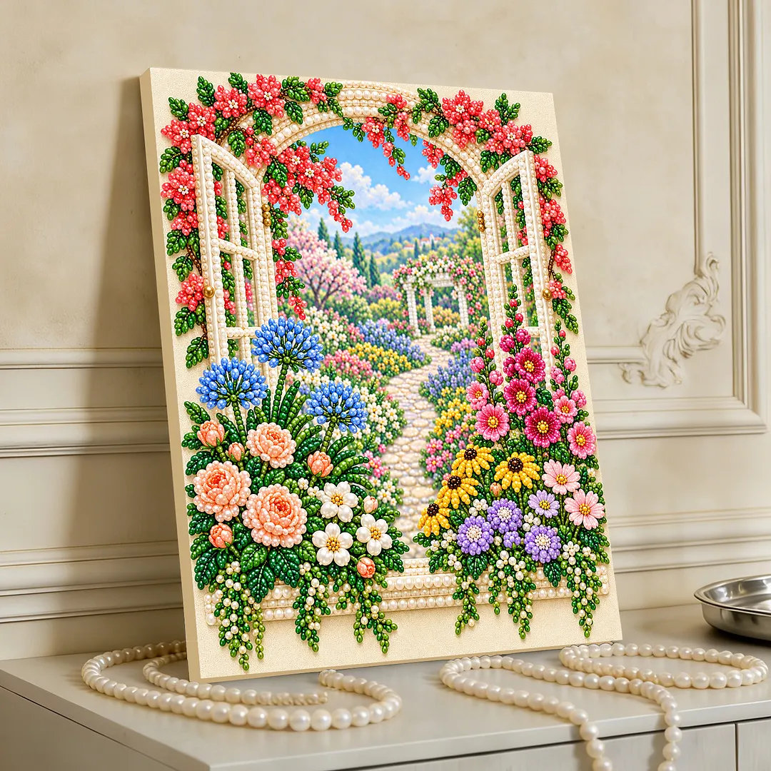 Framed Pearl Painting Kit Latticed Window 11.81x15.75in
