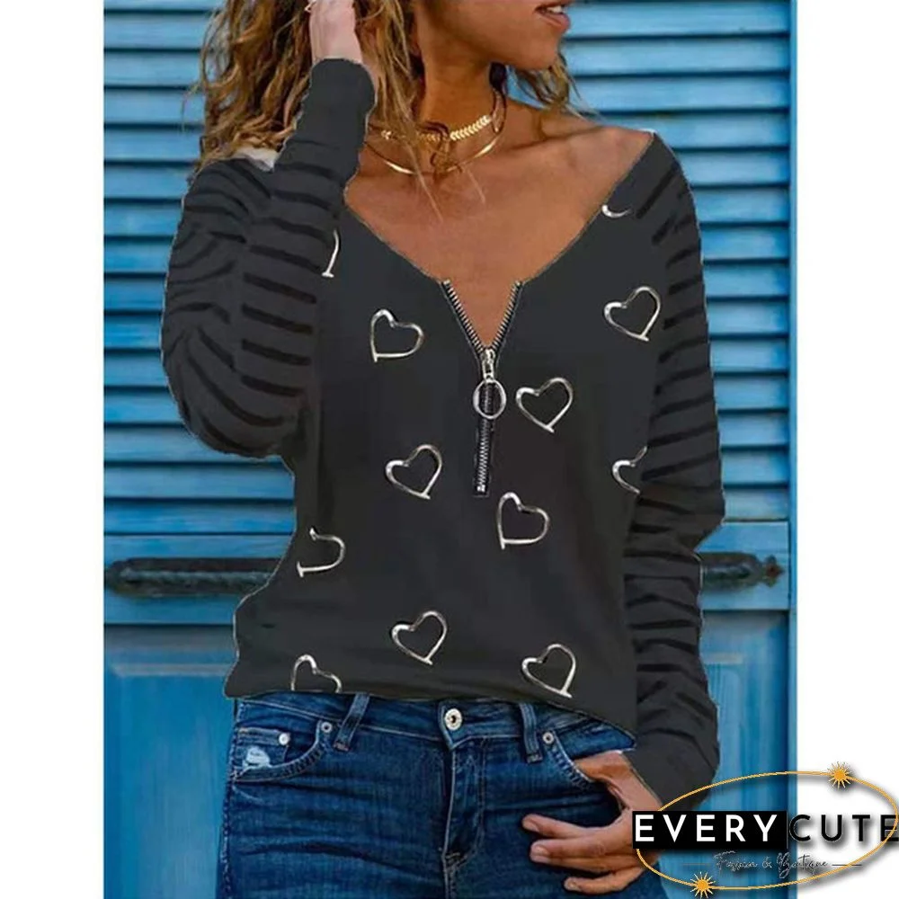 XS-8XL Plus Size Fashion Clothes Women's Casual Long Sleeve Tee Shirts V-neck Zipper Blouses Ladies Autumn and Winter Tops Striped Tops Heart Shape Printed Cotton Pullover Sweatshirts Loose T-shirts