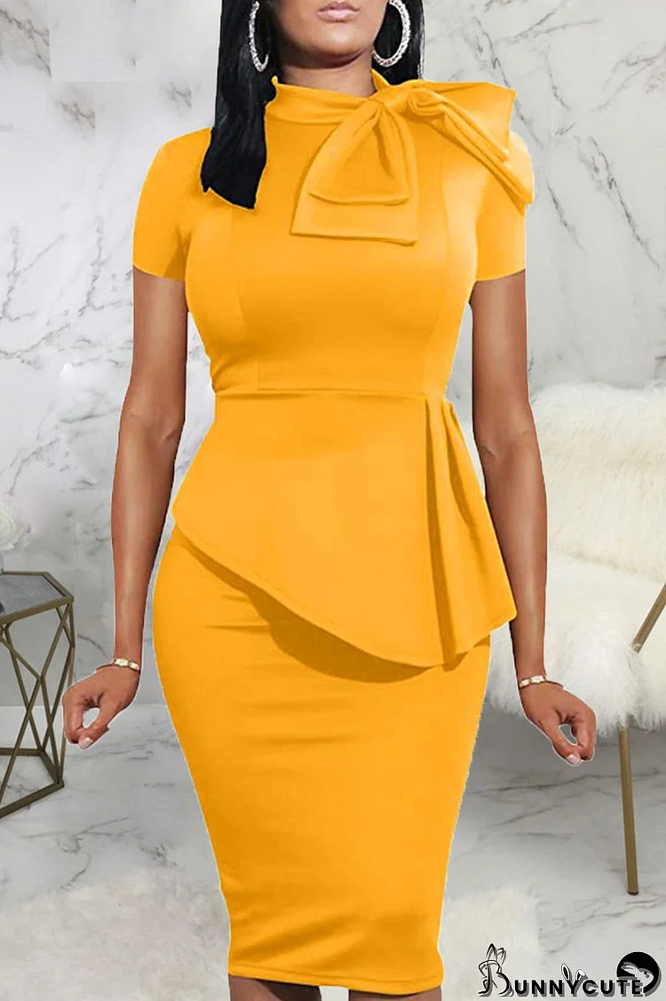 Yellow Casual Solid Patchwork Asymmetrical With Bow O Neck One Step Skirt Dresses